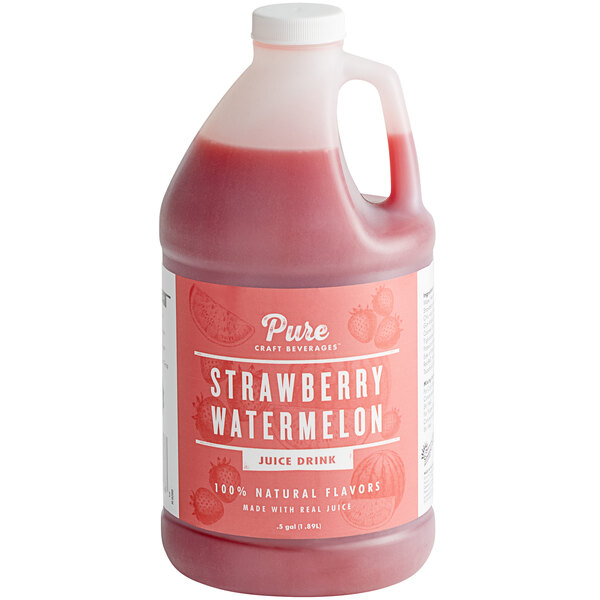 A white jug of Pure Craft Beverages Strawberry Watermelon Beverage Concentrate.