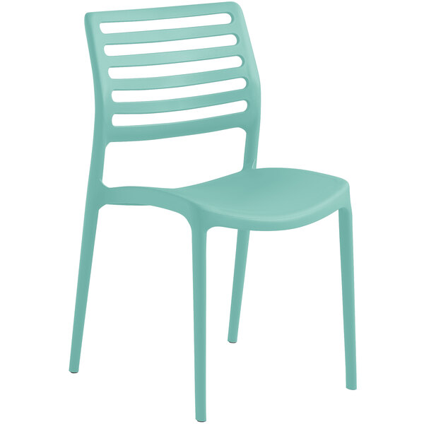 A light teal plastic chair with slats on the seat and back.
