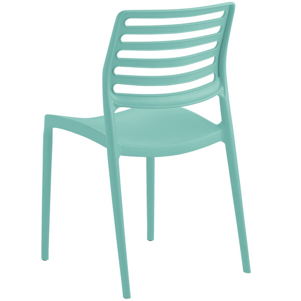 A Lancaster Table & Seating Allegro teal plastic chair with slats.