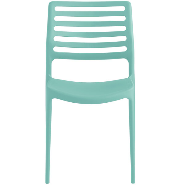 A Lancaster Table & Seating Allegro light teal stackable resin side chair with a blue seat and back.