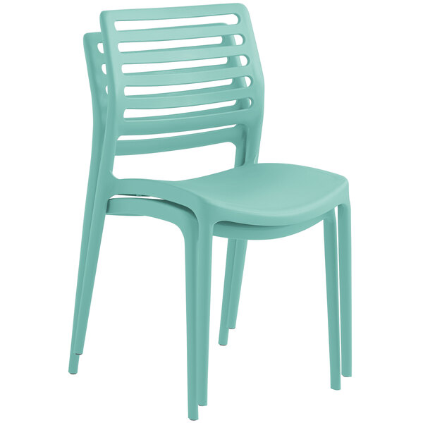 A teal plastic Lancaster Table & Seating Allegro side chair.