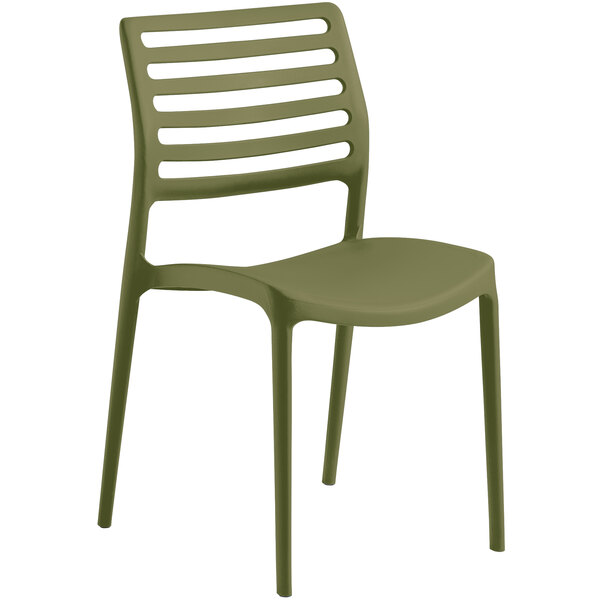 A Lancaster Table & Seating Allegro olive green stackable resin side chair with slats.