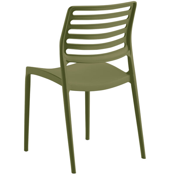 A green plastic Lancaster Table & Seating Allegro side chair with slats.