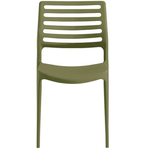 A Lancaster Table & Seating Allegro Olive Green stackable resin side chair with a green seat and back.