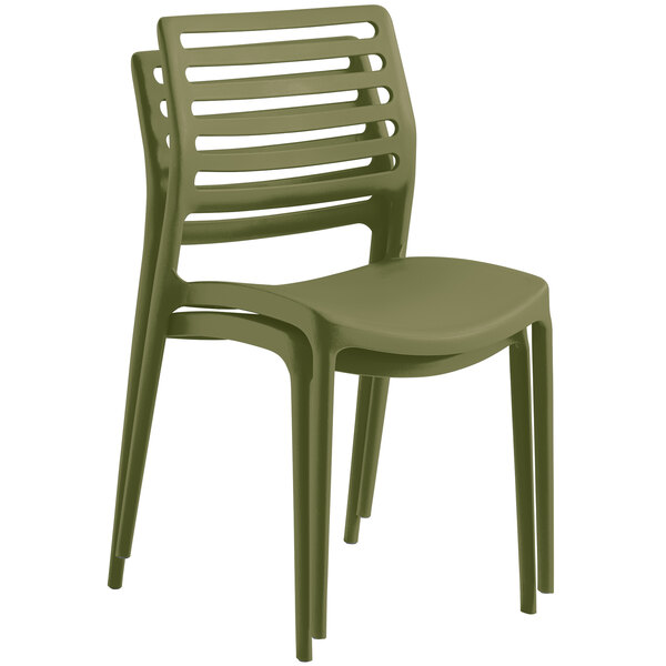 A Lancaster Table & Seating Allegro Olive Green stackable resin side chair with four legs.