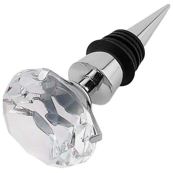A close-up of a Franmara crystal wine stopper with a black metal stem.