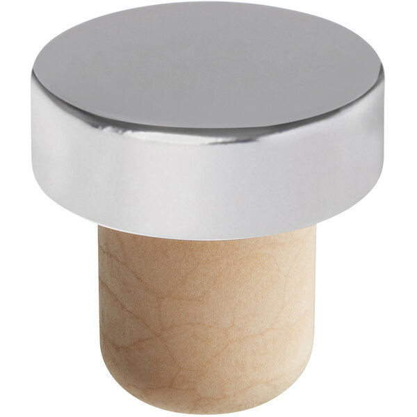 A Franmara wine stopper with a silver aluminum top and metal and wood knob.