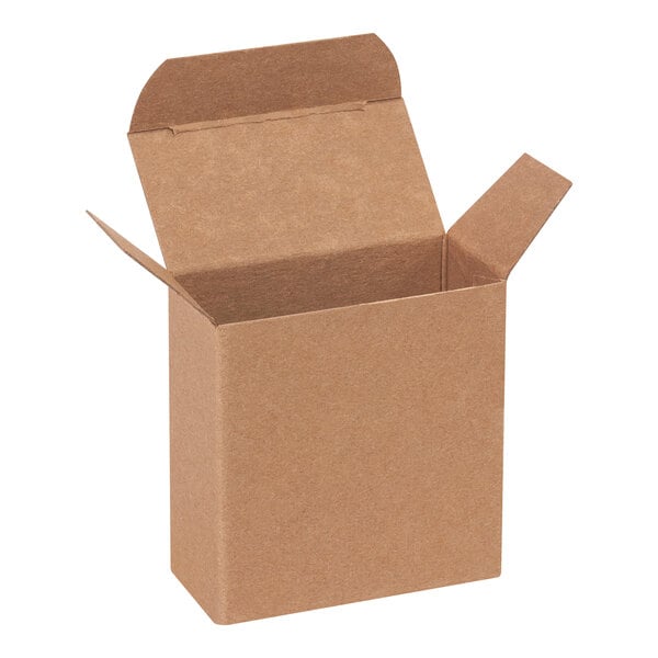A small brown kraft reverse tuck carton with open flaps.