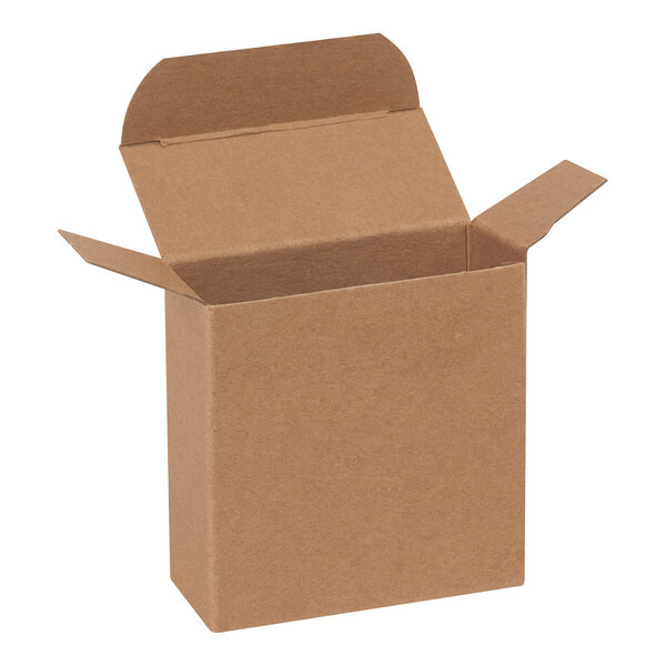A small brown kraft reverse tuck carton with open flaps.
