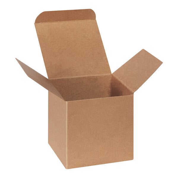 A brown kraft heavy-duty reverse tuck carton with open flaps, measuring 5 inches on each side.