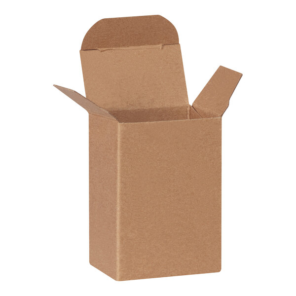 A small brown kraft reverse tuck carton with open flaps.