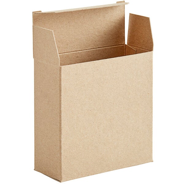 A brown Lavex Kraft reverse tuck carton with a lid open.