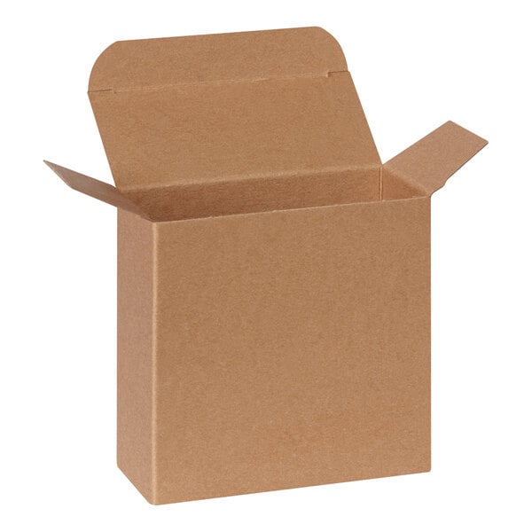 A brown kraft reverse tuck carton with open flaps.