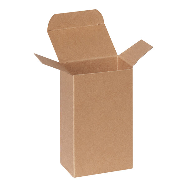 A brown kraft reverse tuck carton with open flaps measuring 3 inches by 2 inches by 5 inches.