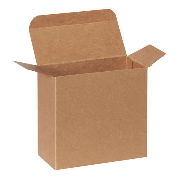 A brown kraft reverse tuck carton with open flaps.