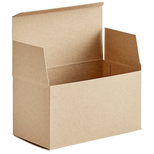 A brown cardboard Lavex heavy-duty reverse tuck carton with a lid open.