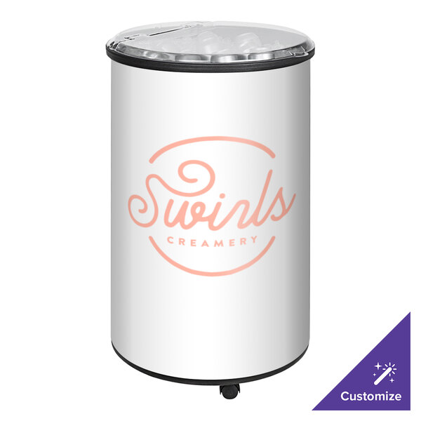 IRP Ice Hawk Elite 3805077 Customizable Insulated 72 Qt. Floor Model Portable Barrel Beverage Cooler / Merchandiser with Lid and Casters