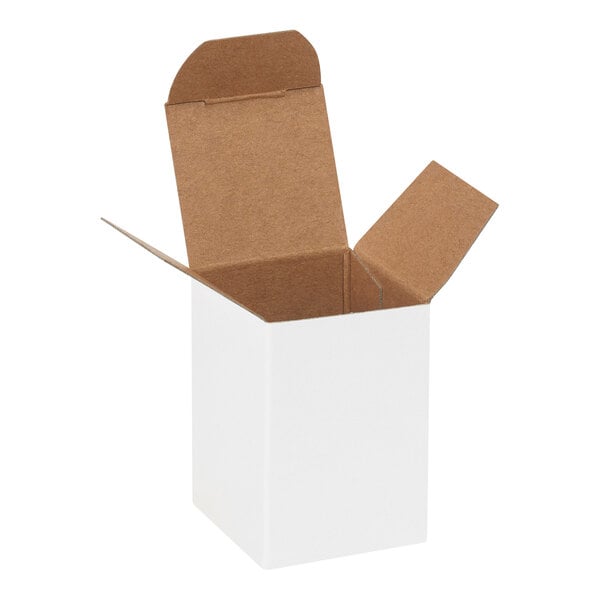 A small white reverse tuck carton with open flaps.
