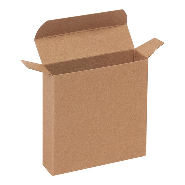 A brown kraft reverse tuck carton with open flaps.