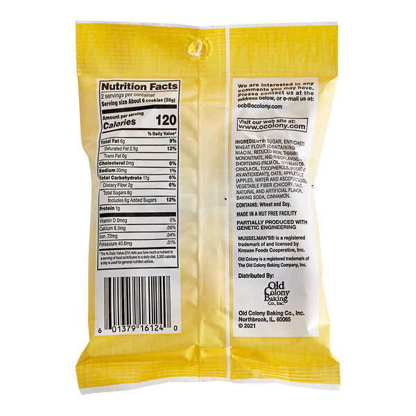 A yellow package of Musselman's Apple Sauce Oatmeal Cookies with black and white text.