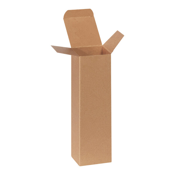 A tall, rectangular kraft cardboard box with an open top and tuck flaps.