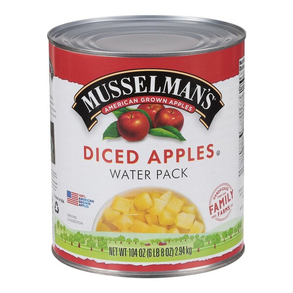 A case of 3 #10 cans of Musselman's diced apples in water.