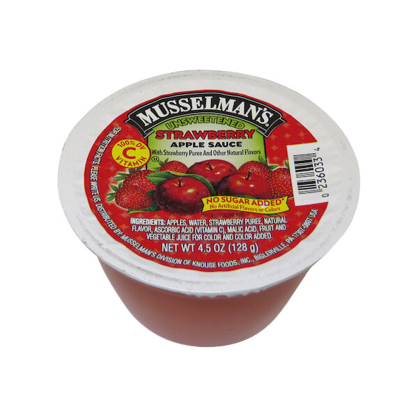 A close up of a Musselman's strawberry applesauce container.