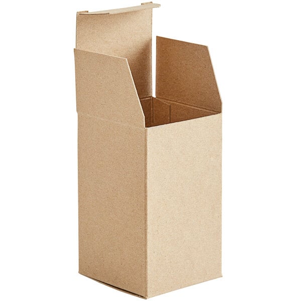 A brown cardboard Lavex reverse tuck carton with a lid open.