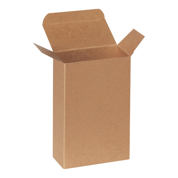 A brown kraft heavy-duty reverse tuck carton with open flaps.