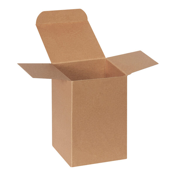 A brown kraft reverse tuck carton with open flaps, measuring 4 inches by 4 inches by 6 inches.