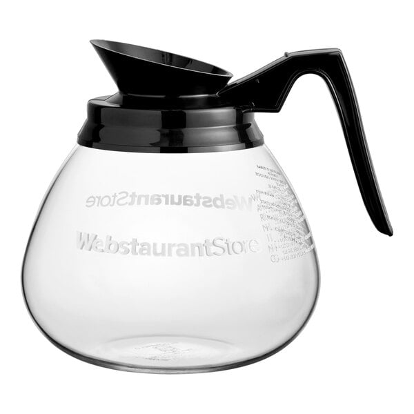 A glass coffee decanter with a black handle and lid, featuring the WebstaurantStore logo.