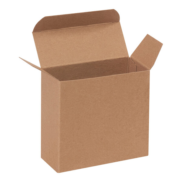A brown kraft reverse tuck carton with open flaps.