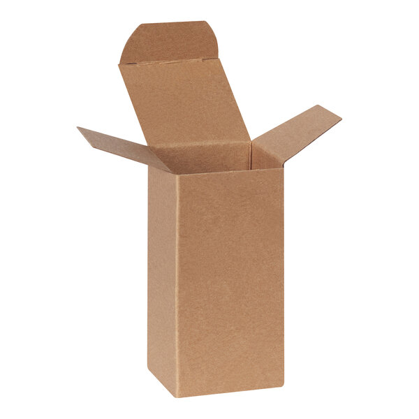 A small brown kraft reverse tuck carton with open flaps.