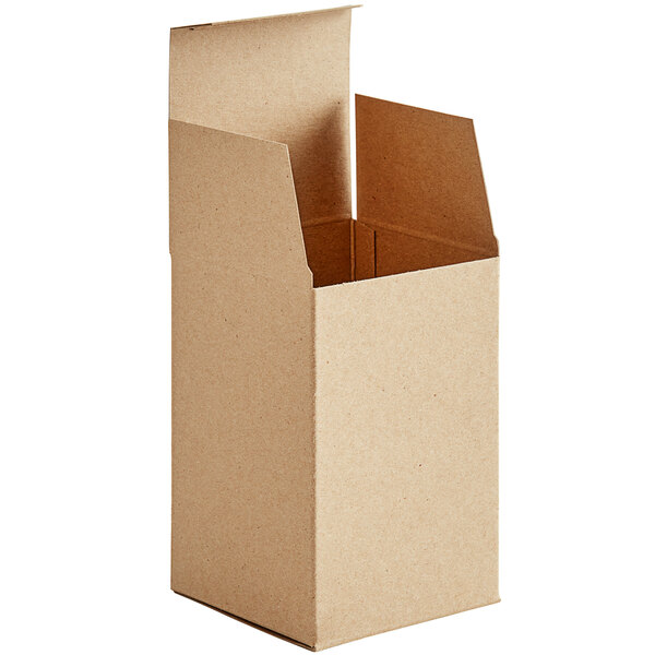 A brown cardboard Lavex heavy-duty reverse tuck carton with an open lid.