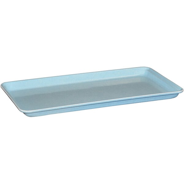 a blue rectangular tray with a white border