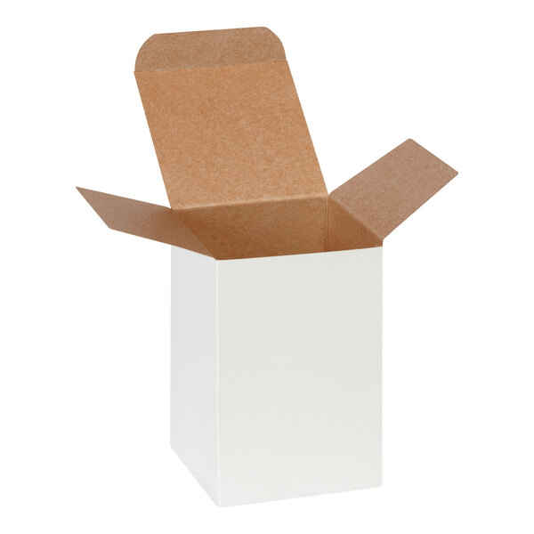A white reverse tuck carton with open flaps measuring 4 inches by 4 inches by 6 inches.