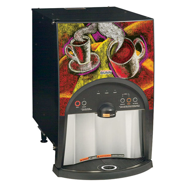 A Bunn liquid coffee dispenser with a drawing of cups on it.