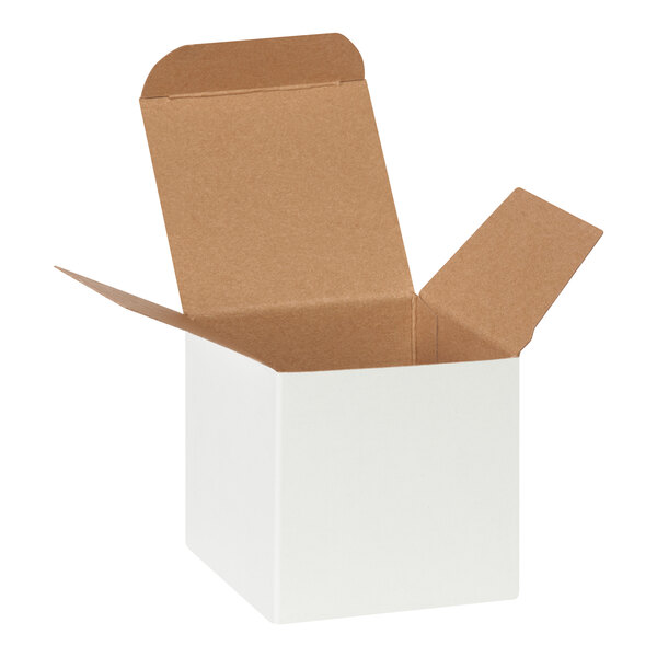 A small white reverse tuck carton with open flaps.
