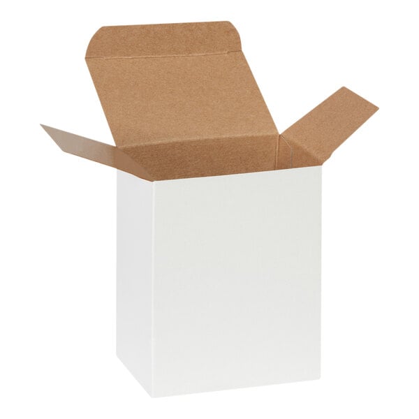 A white reverse tuck carton with open flaps.