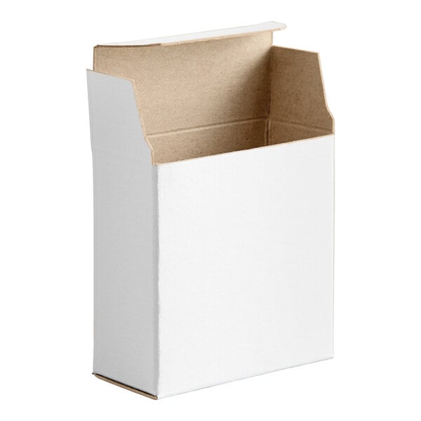 A plain white reverse tuck carton with an open top, measuring 2 1/2 by 2 1/2 by 4 inches.
