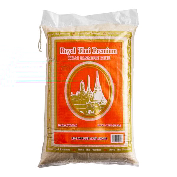 A 50 lb bag of Royal Thai Jasmine Rice with a logo on a white background.