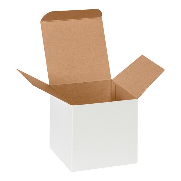 A small white reverse tuck carton with open flaps.