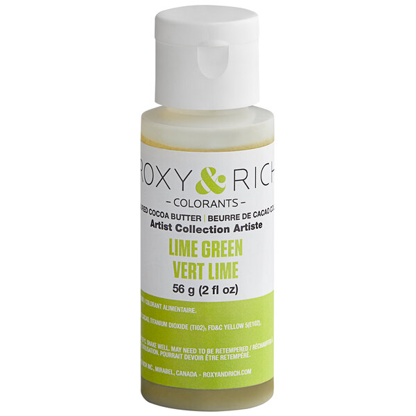 A bottle of Roxy & Rich Lime Green Cocoa Butter with a white cap.