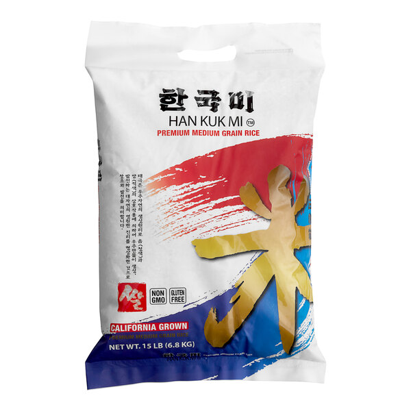 A white bag of Han Kuk Mi rice with red, blue, and white text.