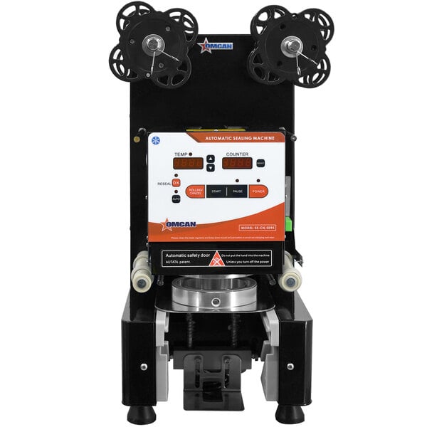 An Omcan PP cup automatic drink sealing machine with two rolls of tape on it.