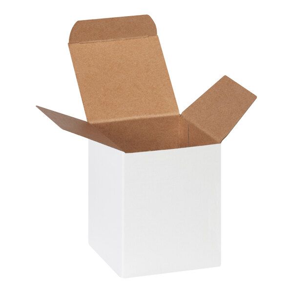 A small white reverse tuck carton with open flaps.