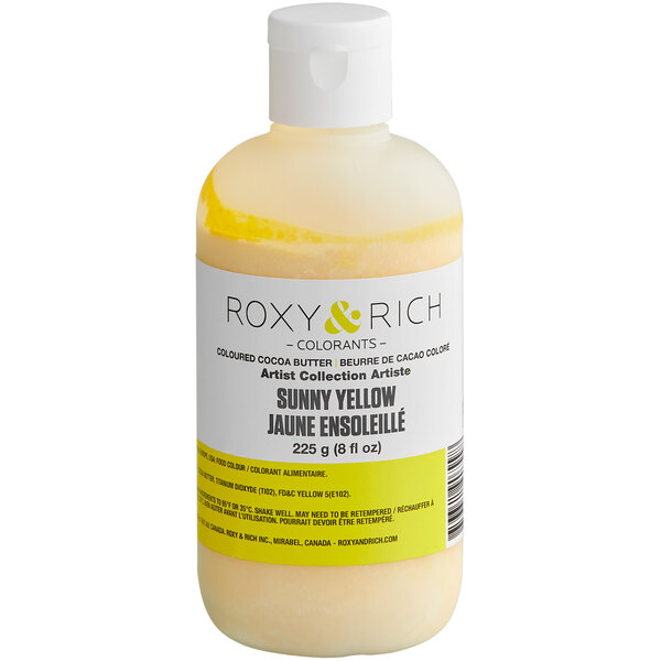 A bottle of Roxy & Rich Sunny Yellow cocoa butter food coloring.