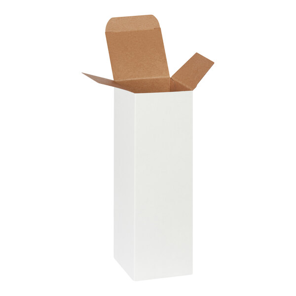 A tall, rectangular white reverse tuck carton with open flaps at the top.