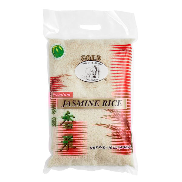 A white bag of Three Elephants Gold Thai Jasmine Rice with a label.