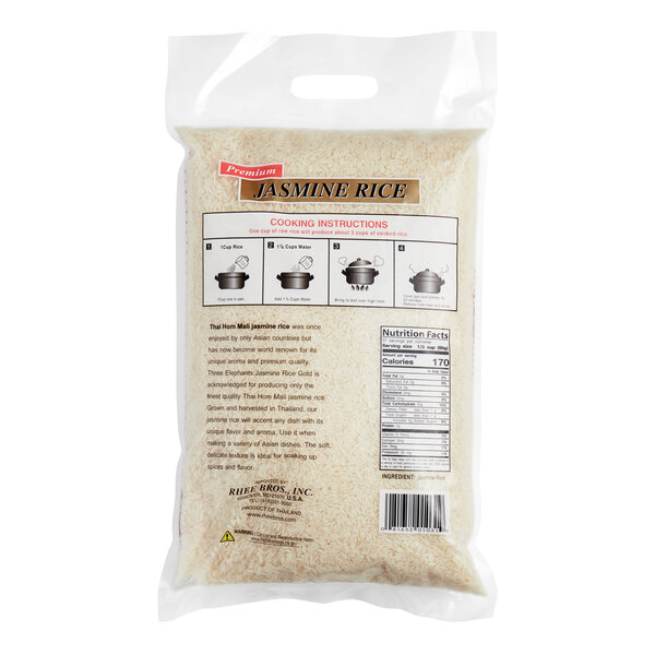 A white bag of Three Elephants Gold Thai Jasmine Rice with a label.